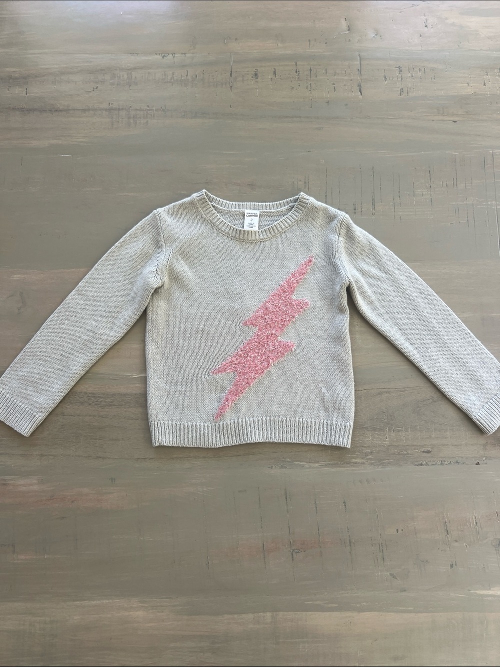 💖⚡️ Worn once! 2T Harper Canyon Gray Sweater with Pink Fuzzy Lightning Bolt.